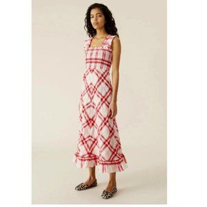 GANNI pink/red seersucker check midi dress